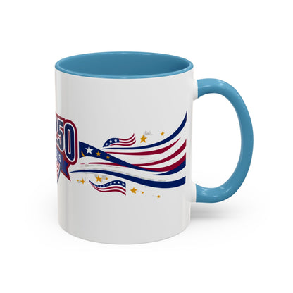 Mug with blue interior and handle, featuring a design with stars and stripes on a white background.
