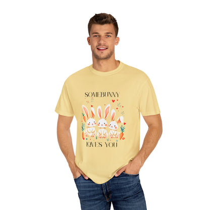 Comfort Colors 1717 Unisex Garment-Dyed T-shirt - “Somebunny Loves You” Trio Bunny Easter Tee
