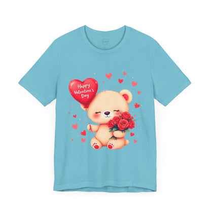 Bella+Canvas · 3001 Unisex Jersey Short Sleeve Tee - Valentine’s Day Bear, Balloon & Roses Design