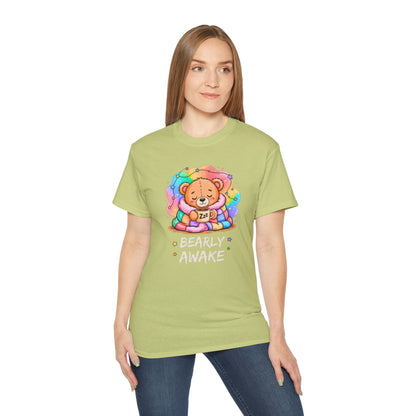 Bearly Awake Teddy Bear Tee | Cute Coffee Bear Wrapped in Rainbow Blanket