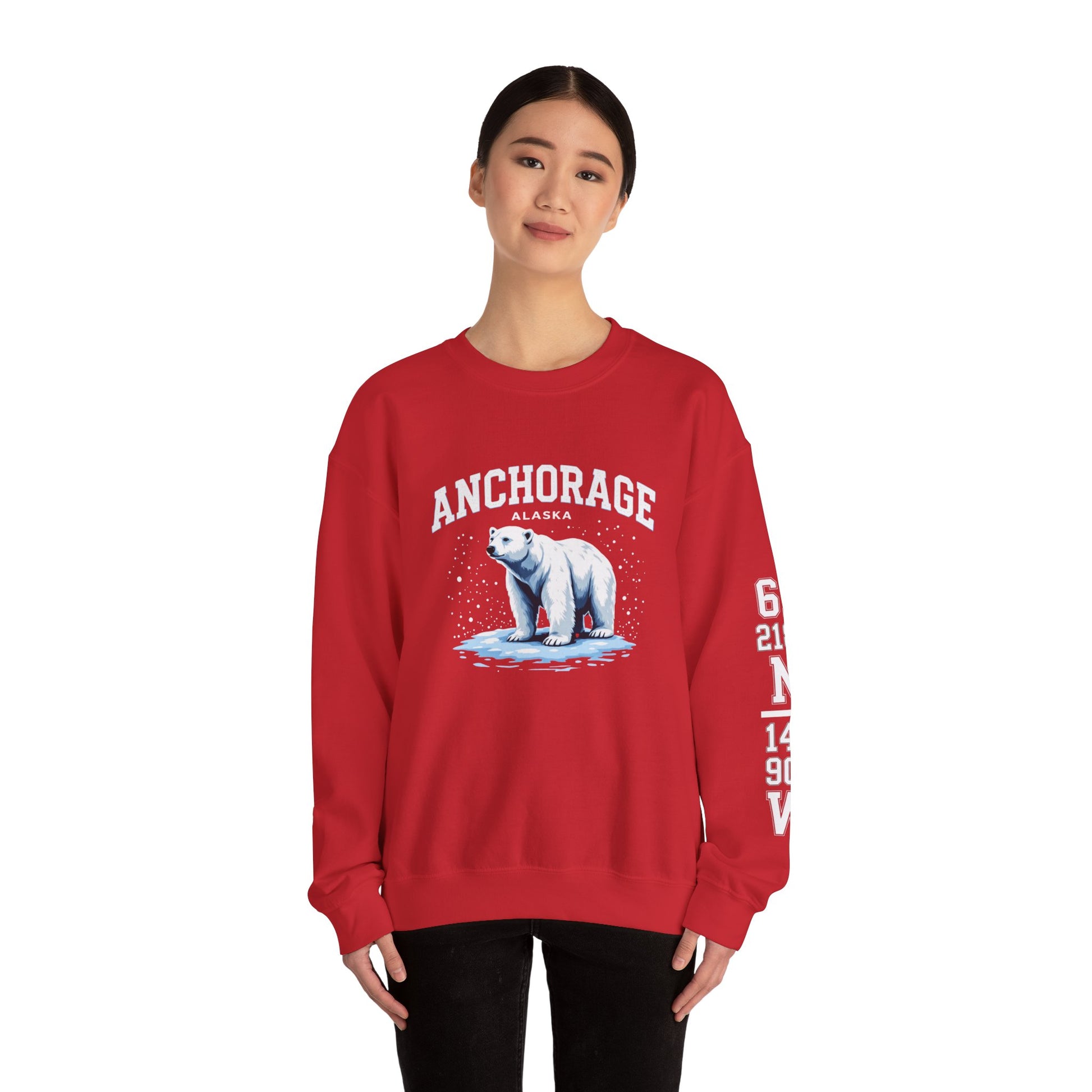 Person wearing a red sweatshirt with a polar bear graphic and 'Anchorage, Alaska' text on a white background