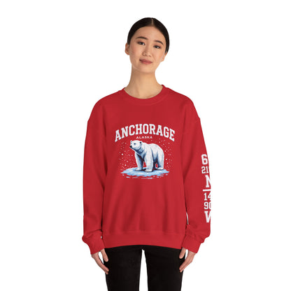 Person wearing a red sweatshirt with a polar bear graphic and 'Anchorage, Alaska' text on a white background