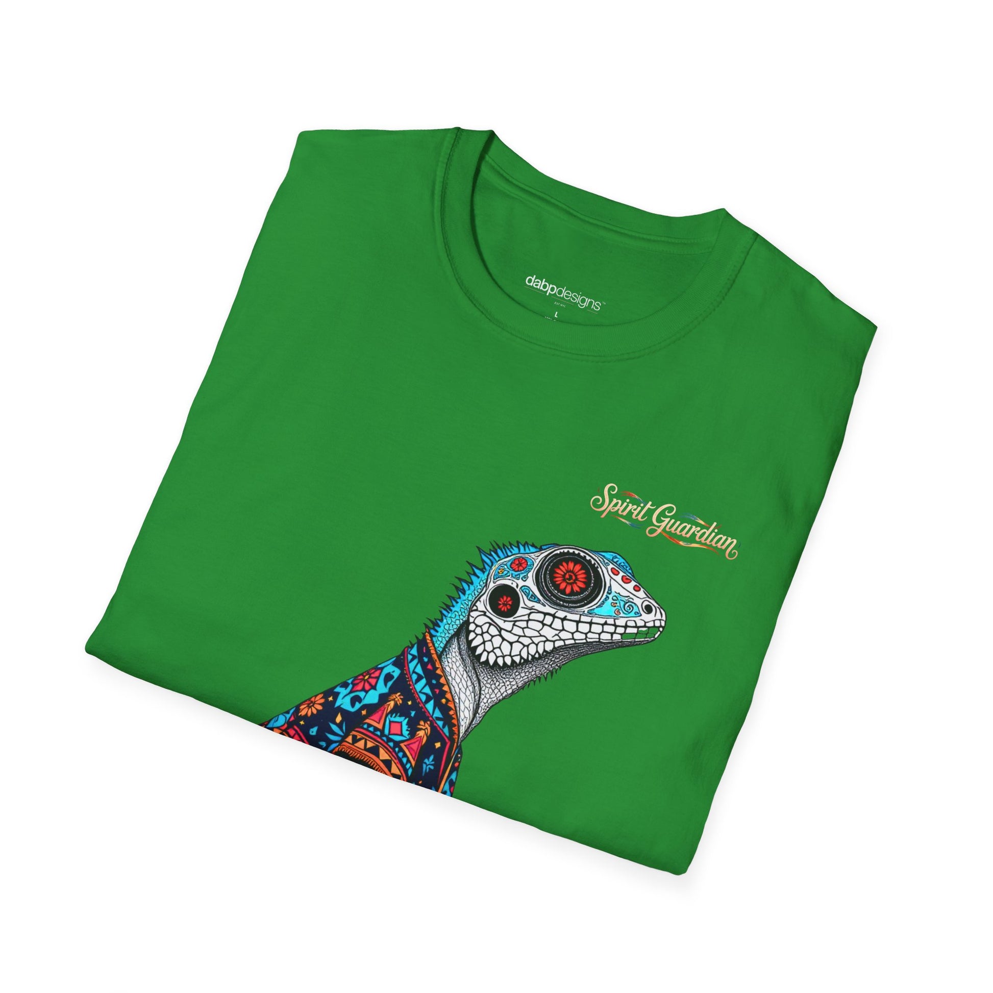 Green t-shirt with a colorful lizard design and 'Spirit Guardian' text on a white background