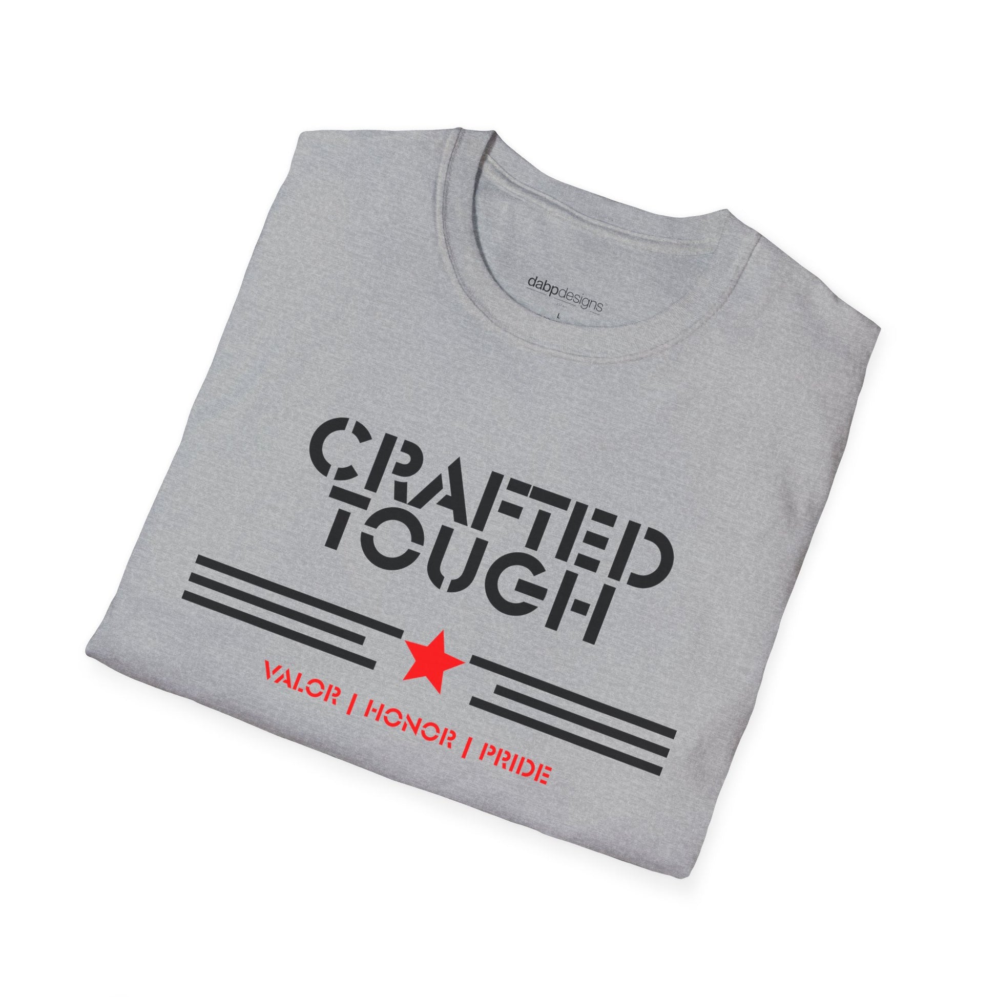 Folded gray t-shirt with 'Crafted Tough' text and logo on a white background