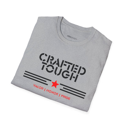 Folded gray t-shirt with 'Crafted Tough' text and logo on a white background
