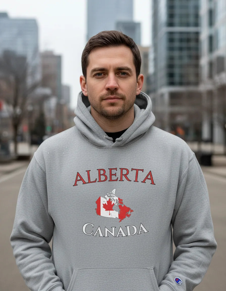 Man wearing a gray hoodie with 'Alberta Canada' text and map design outdoors.