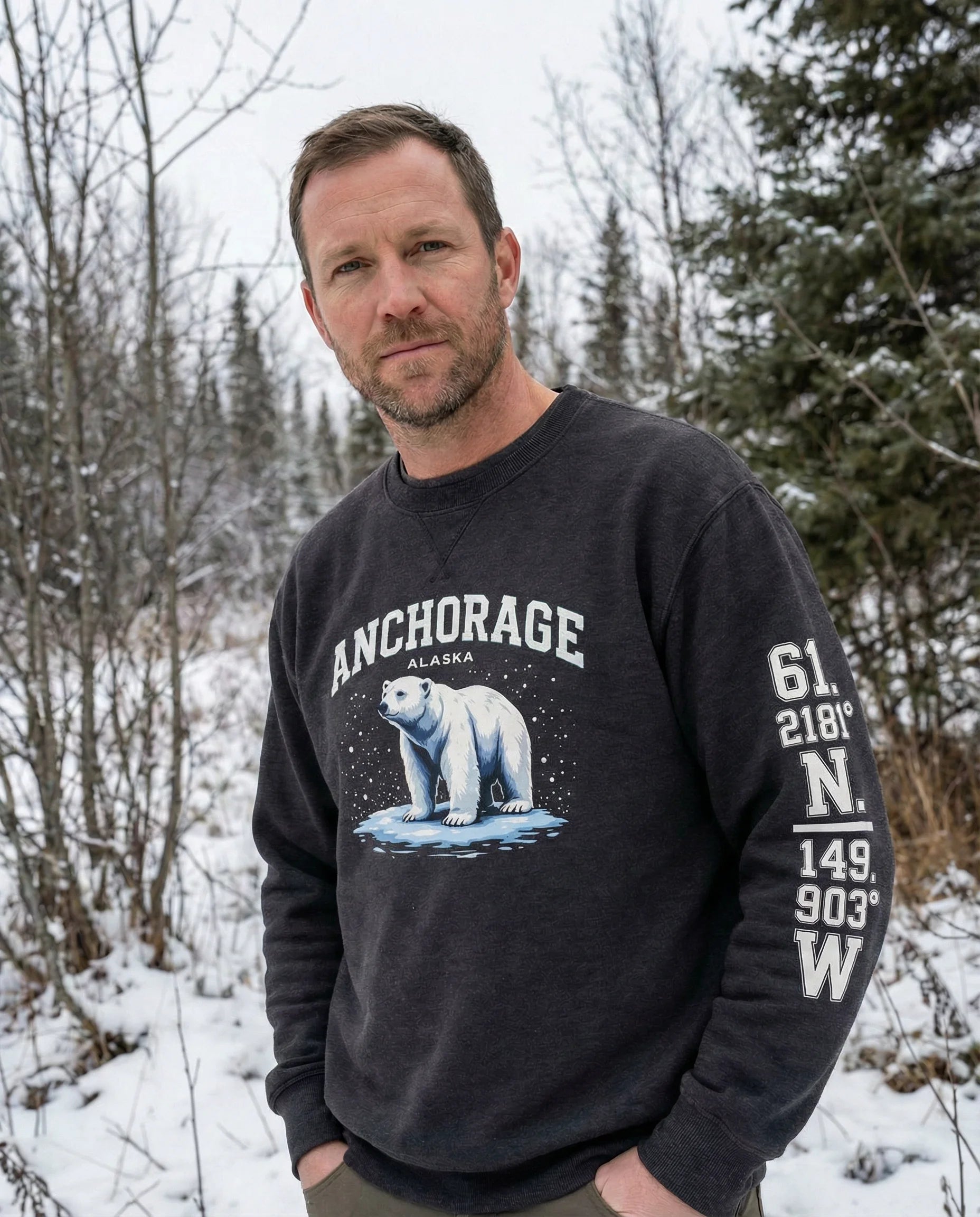 Man wearing a black sweatshirt with an Anchorage, Alaska design in a snowy forest.