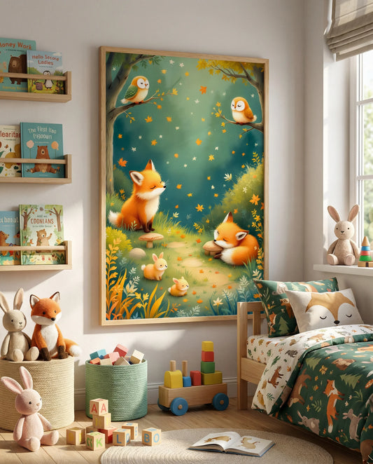 Children's room with fox-themed decor, including a large wall poster and toys.