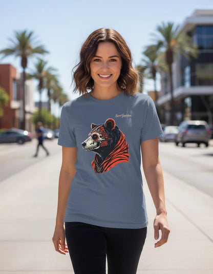 Woman wearing a t-shirt with a bear and tiger design on a city street.