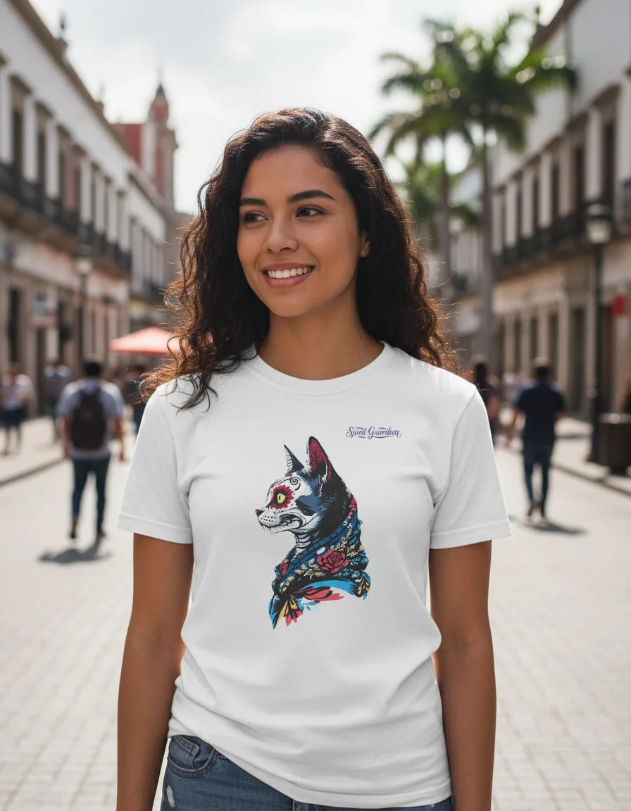 Woman wearing a white t-shirt with a colorful dog graphic on a street.
