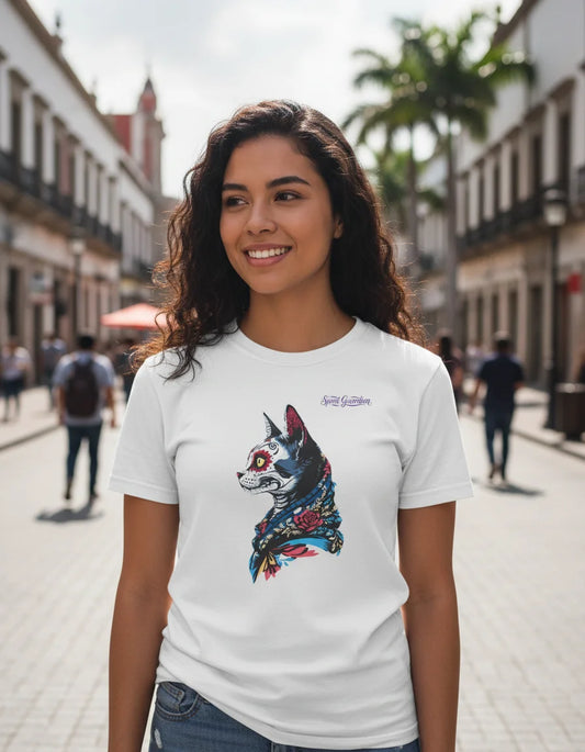 Woman wearing a white t-shirt with a colorful dog graphic on a street.