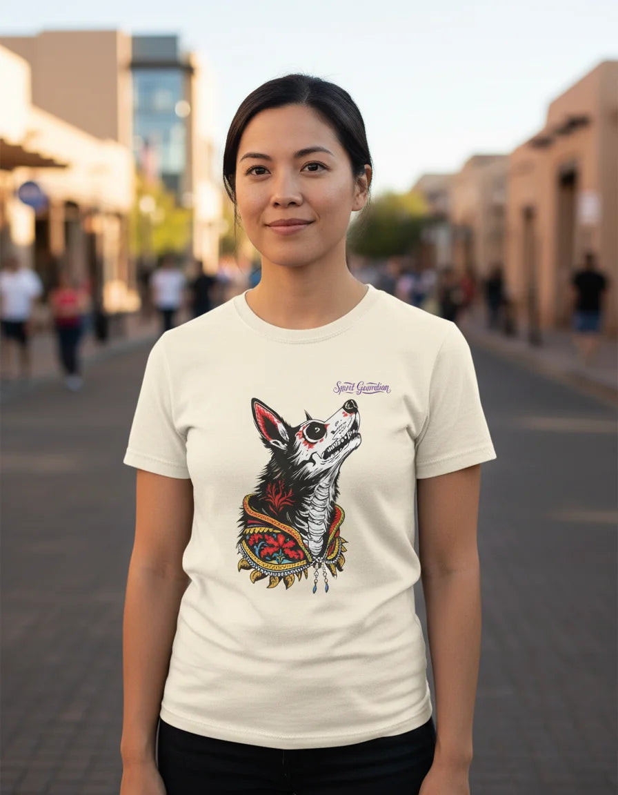 Woman wearing a white t-shirt with a dog graphic on a city street.