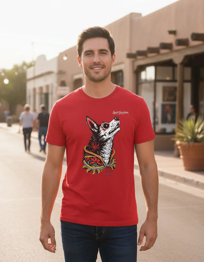Man wearing a red t-shirt with a graphic design of a dog and text, standing on a street.