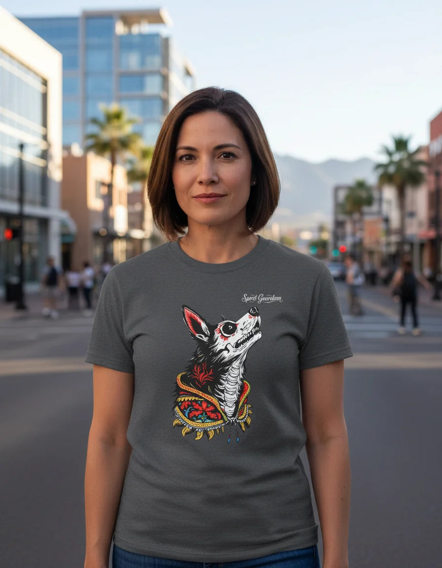 Woman wearing a t-shirt with a dog graphic on a city street