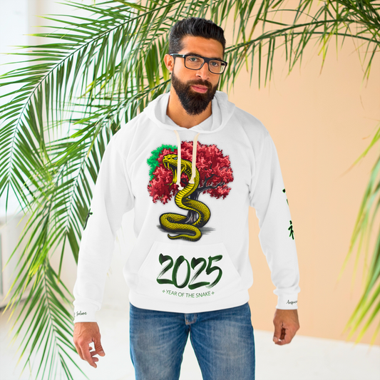 Chinese New Year - 2025 Year of the Snake – White Hoodie with Wealth & Fortune, Auspicioius & Lucky Design (v3)