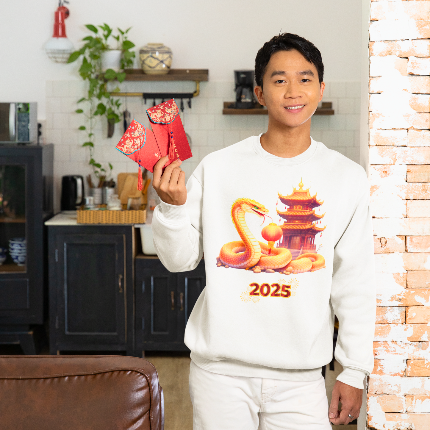 Gildan 2400 Unisex Long-sleeve Tee - 2025 Year of the Snake Chinese New Year - Golden Snake with Pagoda and Lantern (v1)