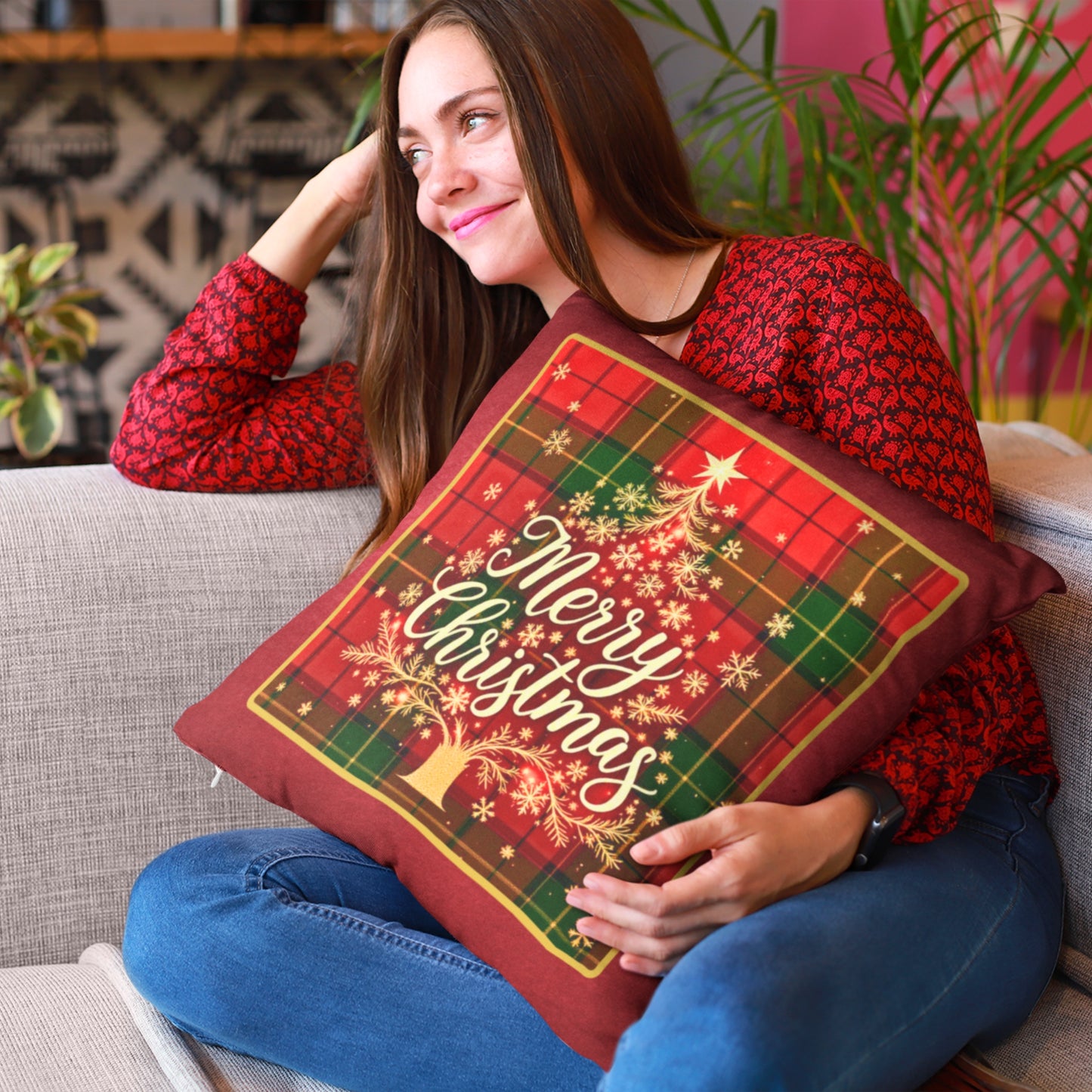 Coussin à carreaux « Joyeux Noël » – Décoration de Noël festive