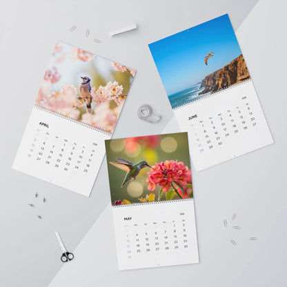 Three calendar pages showing nature-themed images on a light gray background.