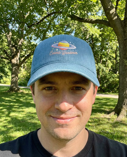 Cosmic Wanderer Embroidered Cap | Saturn Planet Aesthetic Washed Denim Unisex Adjustable Dad Hat | Cosmic Drifts Collection