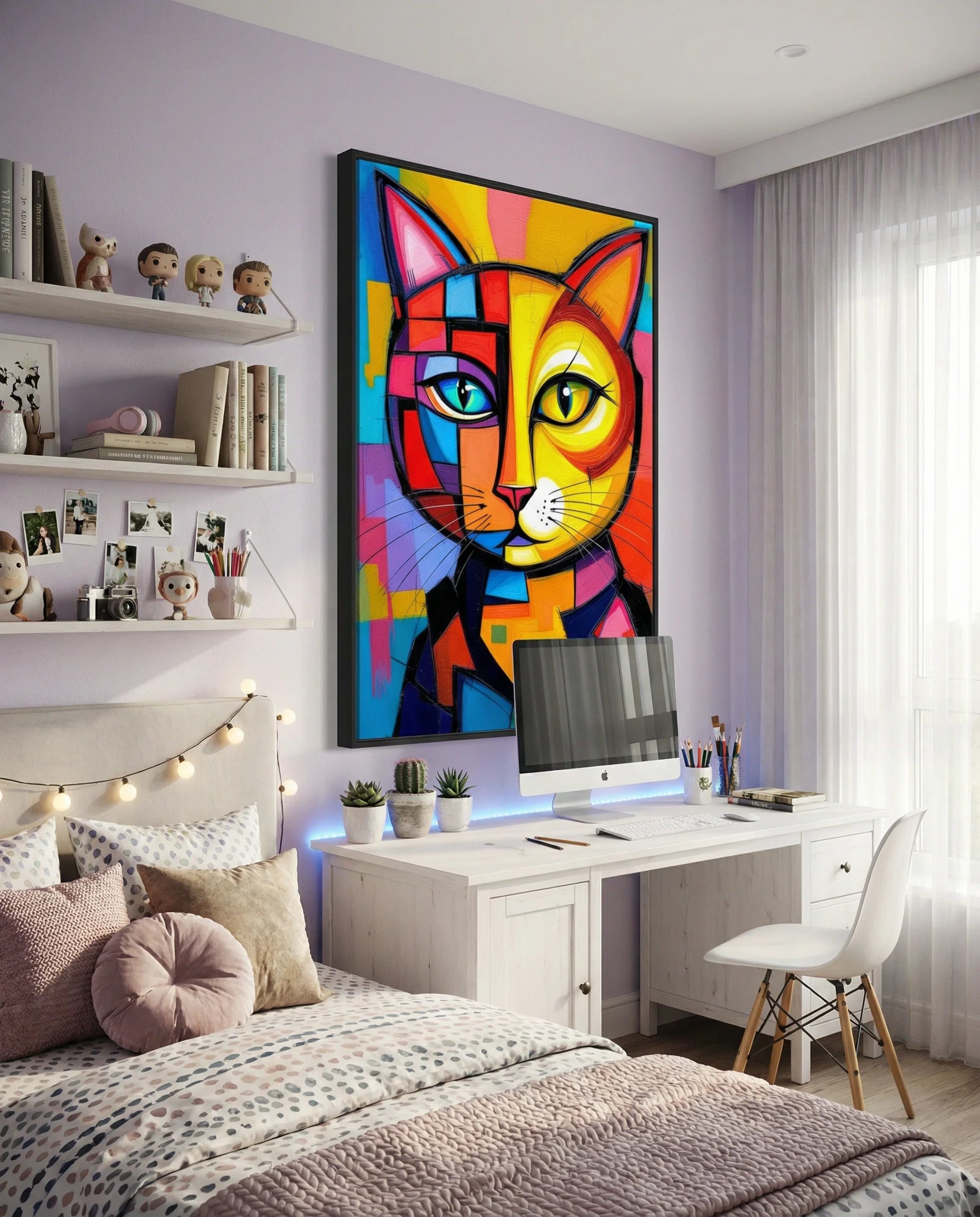 Colorful abstract cat painting on a wall above a desk in a bedroom.