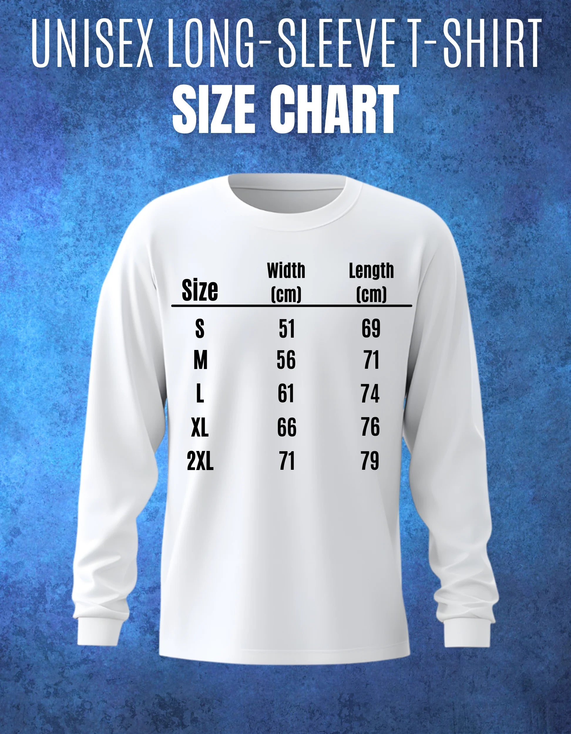 White long-sleeve t-shirt with size chart on a blue textured background