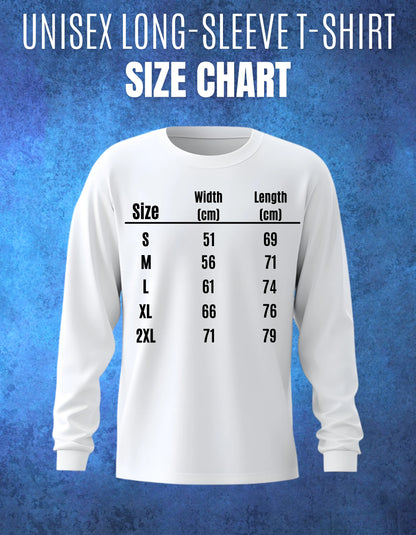 White long-sleeve t-shirt with size chart on a blue textured background