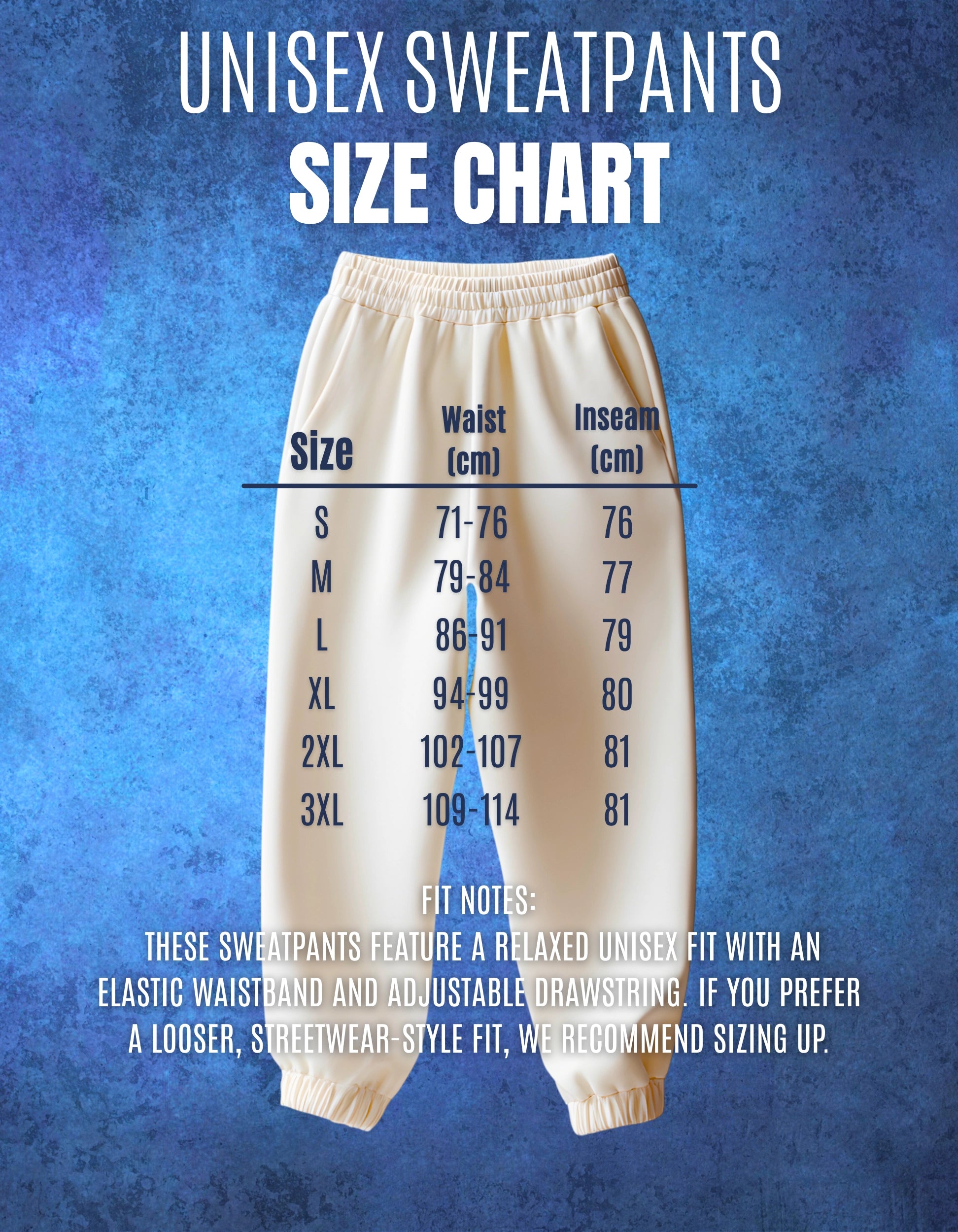 Unisex sweatpants size chart on a blue background