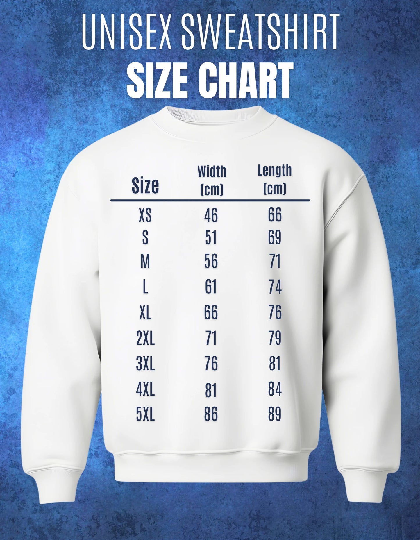 White unisex sweatshirt with size chart on a blue textured background