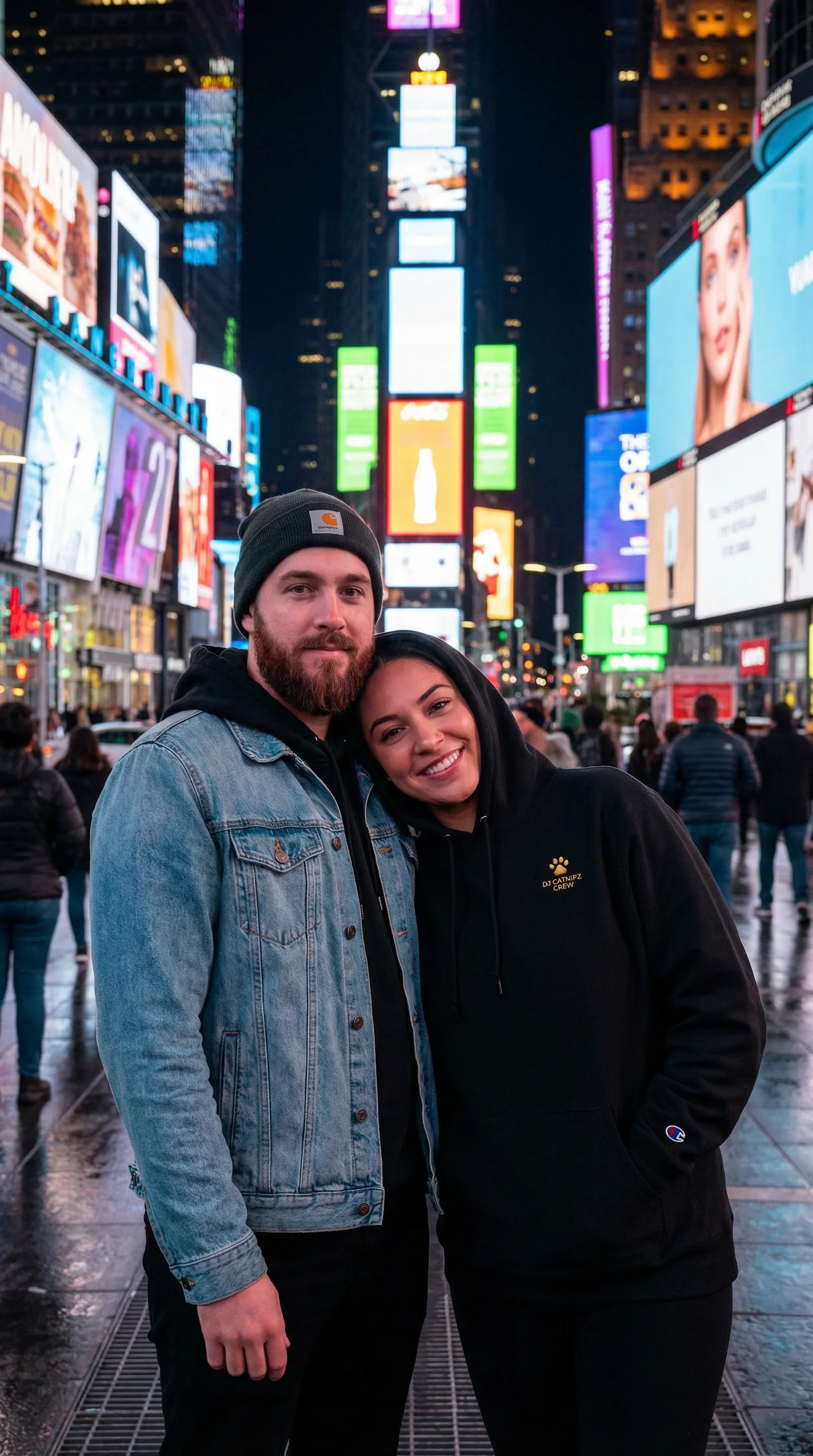 Two people posing in Times Square with colorful billboards in the background