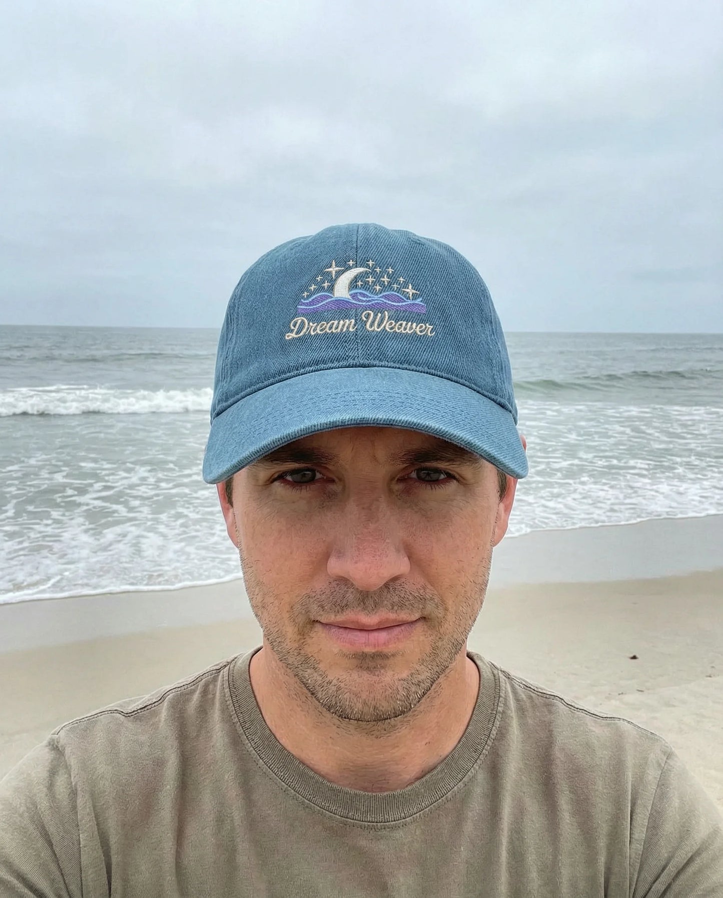 Dream Weaver Embroidered Denim Cap | Crescent Moon & Waves Aesthetic | Unisex Adjustable Dad Hat | Cosmic Drifts Collection