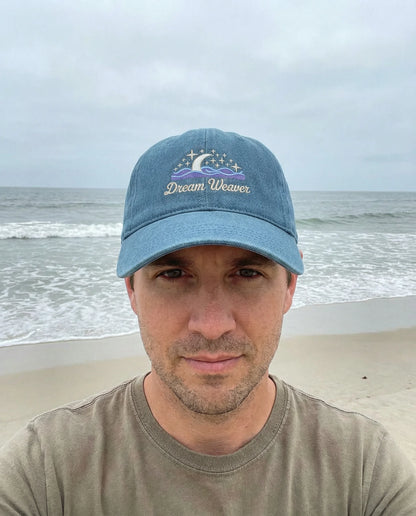 Dream Weaver Embroidered Denim Cap | Crescent Moon & Waves Aesthetic | Unisex Adjustable Dad Hat | Cosmic Drifts Collection