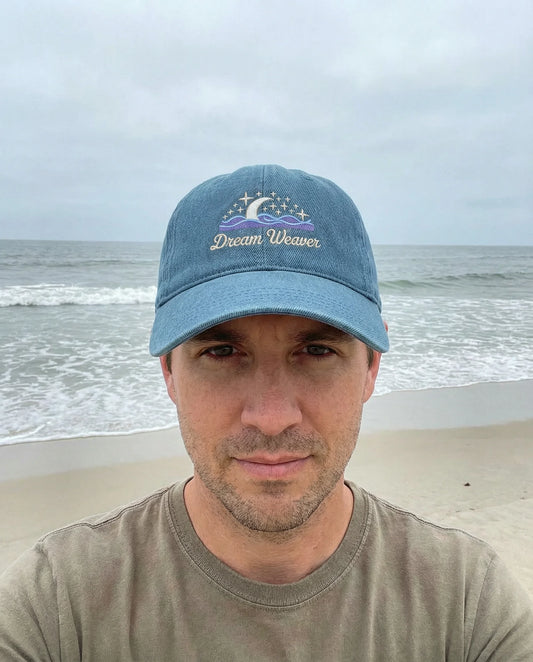 Dream Weaver Embroidered Denim Cap | Crescent Moon & Waves Aesthetic | Unisex Adjustable Dad Hat | Cosmic Drifts Collection