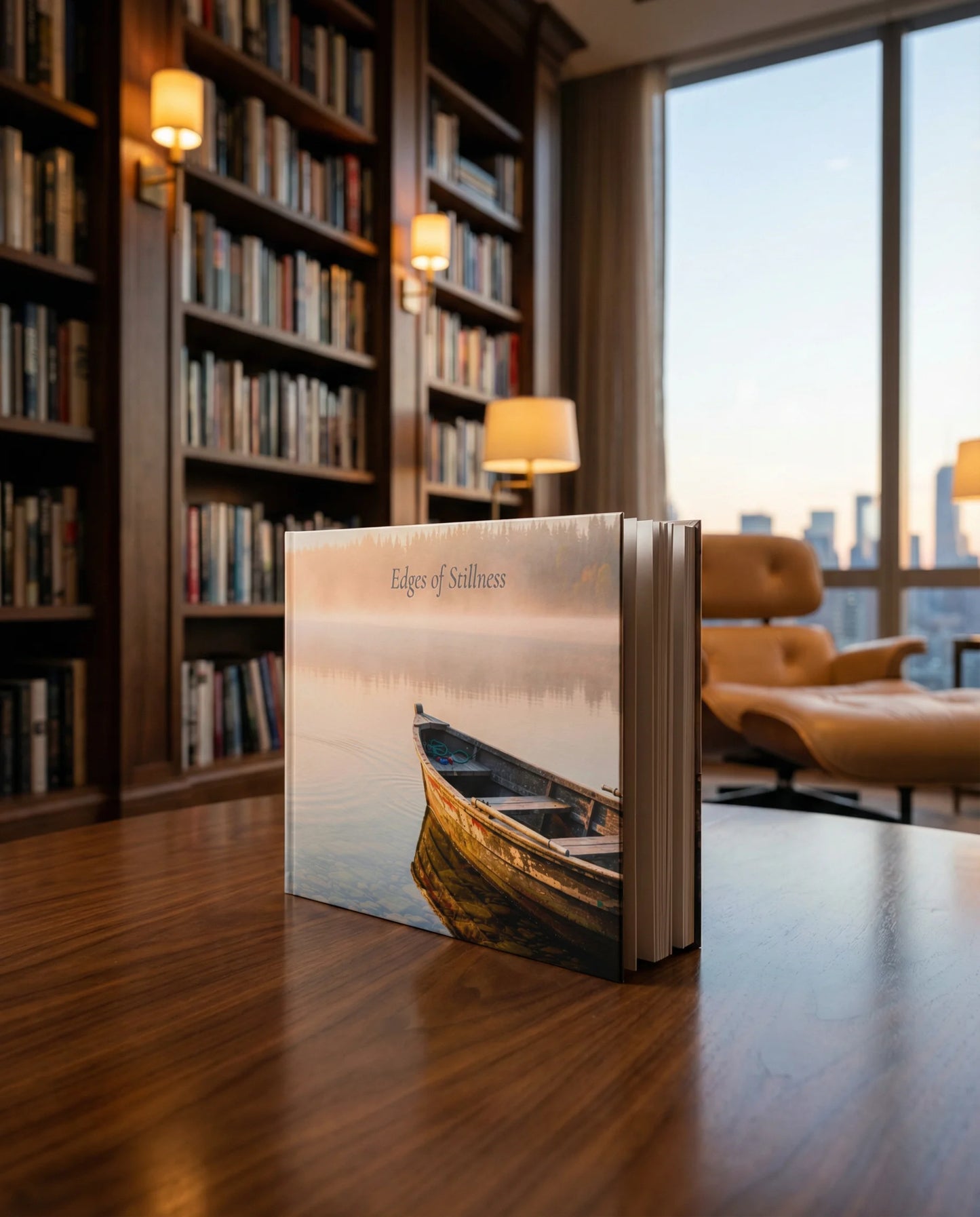 Book titled 'Edge of Sublime' on a wooden table with a cityscape view in the background