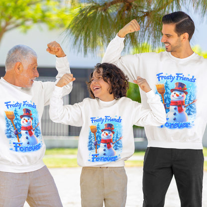 Sudadera unisex de cuello redondo Heavy Blend™ - Frosty Friends Forever - Muñeco de nieve festivo