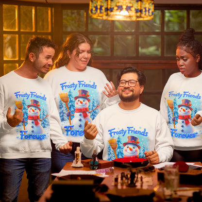 Sudadera unisex de cuello redondo Heavy Blend™ - Frosty Friends Forever - Muñeco de nieve festivo
