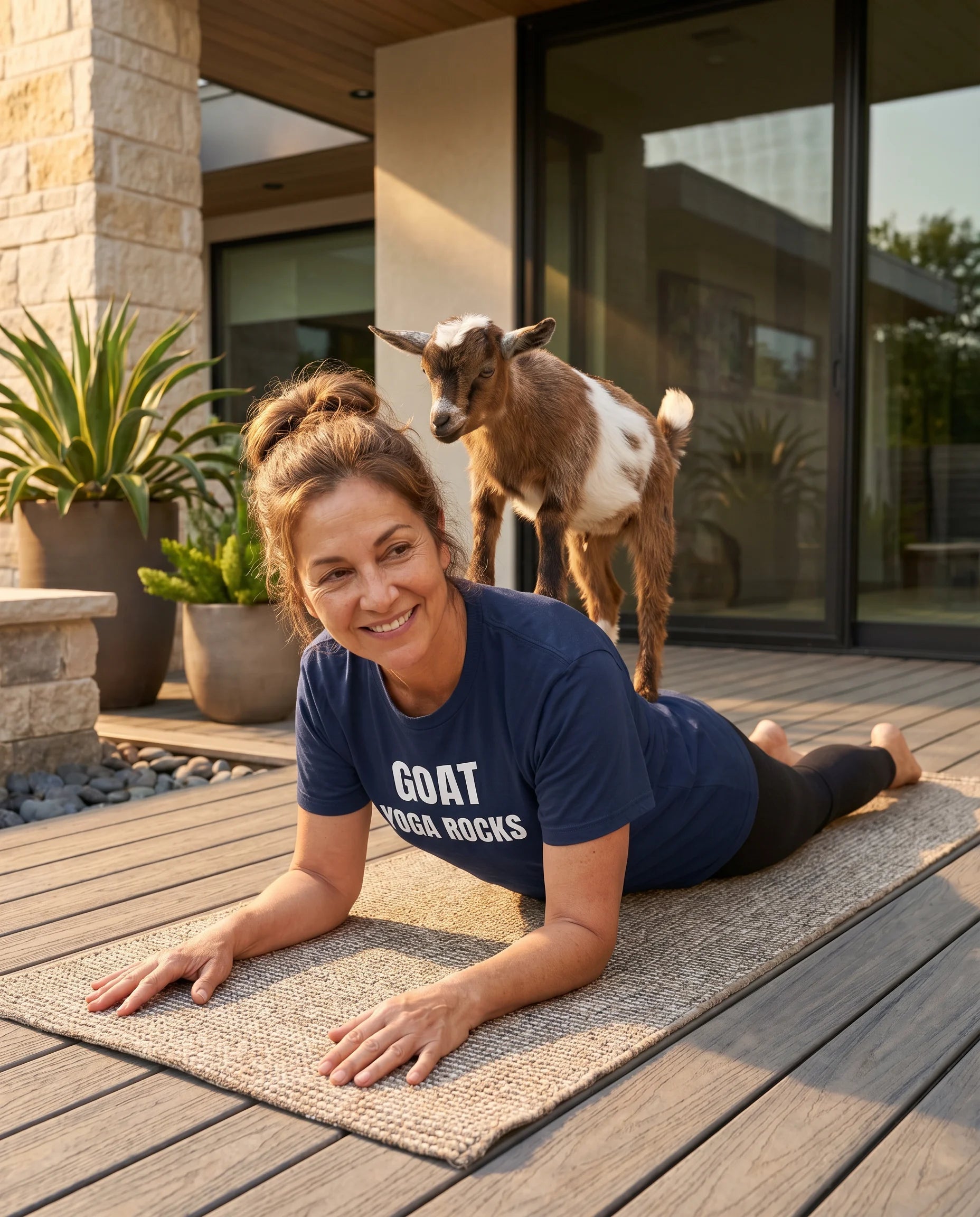 Woman in 'GOAT Yoga Rocks' shirt doing yoga on a deck with a goat standing behind her.