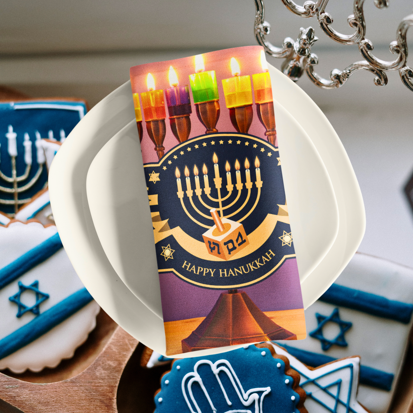 Happy Hanukkah Menorah Napkin (v1), 4-set