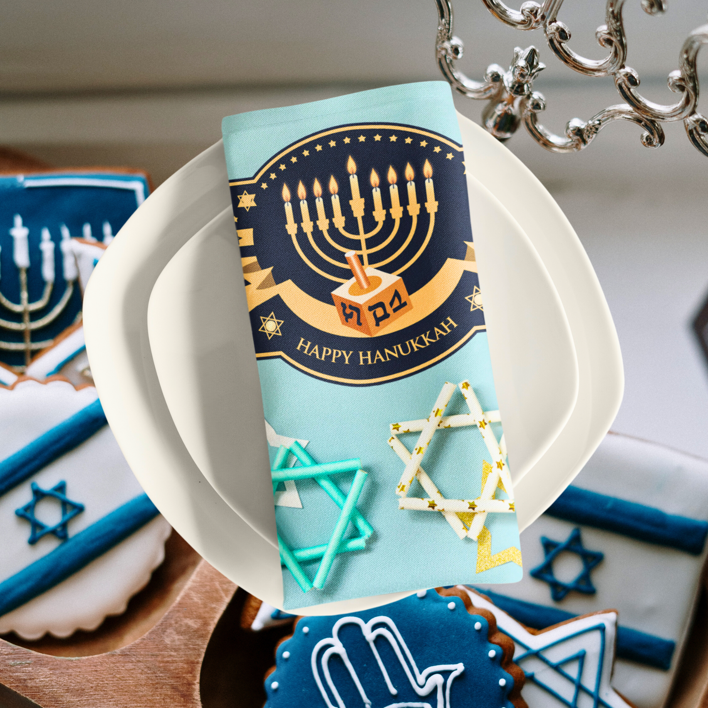 Happy Hanukkah Menorah Napkin (v2), 4-set