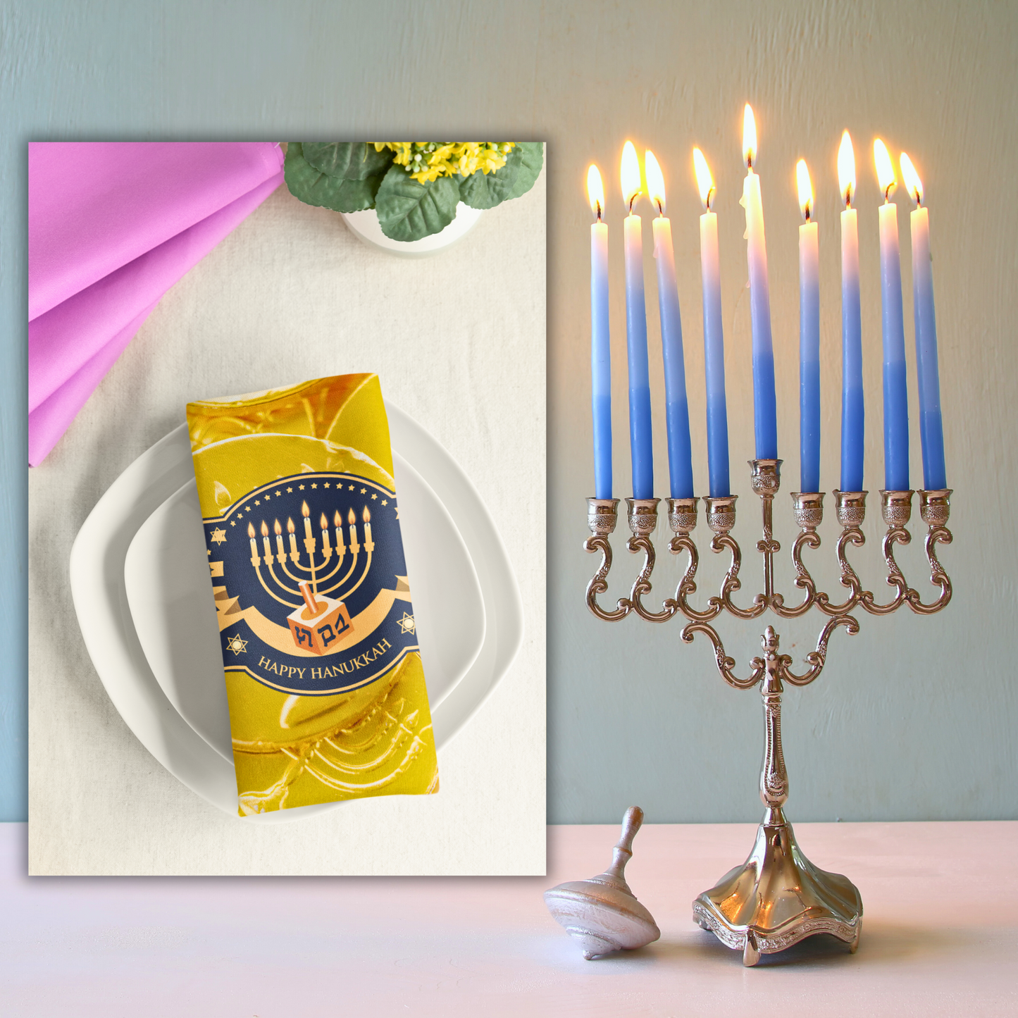 Happy Hanukkah Menorah Napkin (v4), 4-set