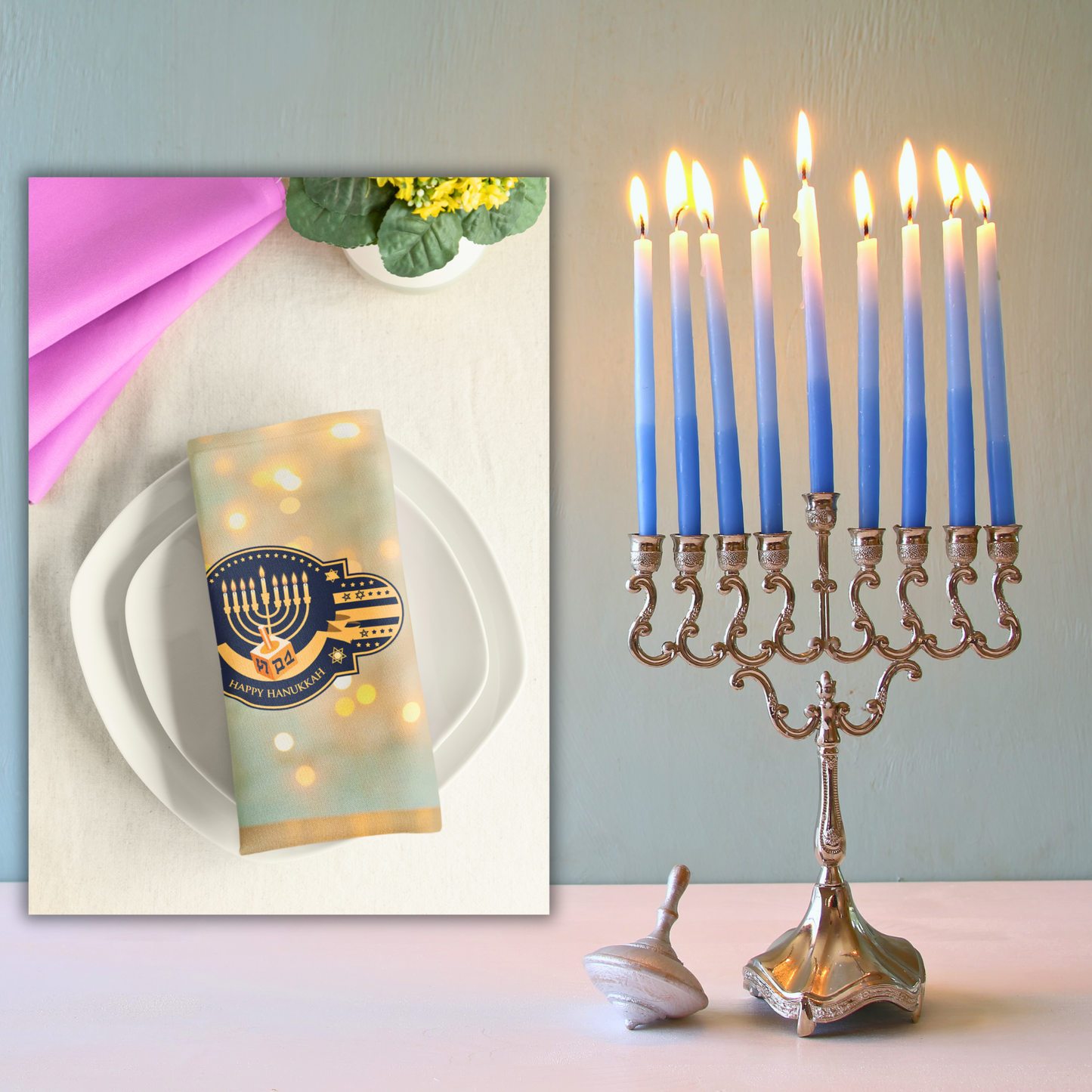 Happy Hanukkah Menorah Napkin (v7), 4-set