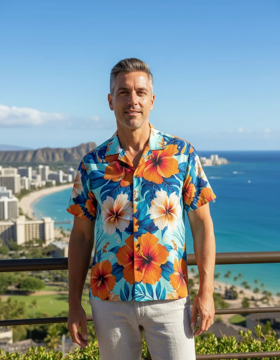 Man wearing a colorful floral shirt with a scenic ocean view in the background