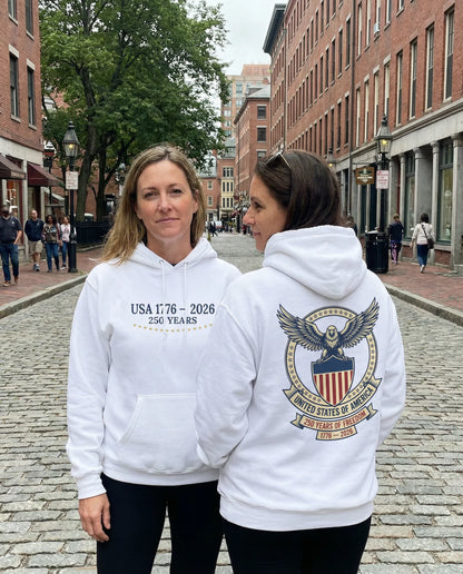 USA 250 Years Hoodie (1776–2026) – Commemorative Patriotic Back Crest Hoodie