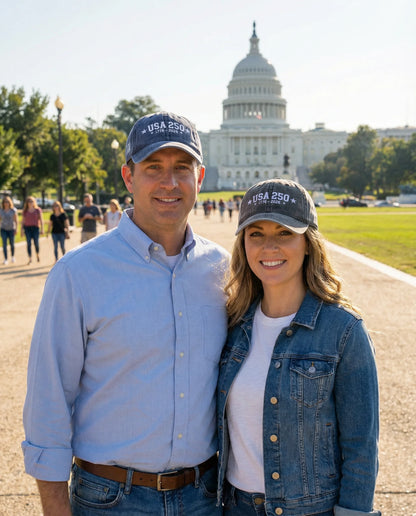 Two people wearing 'USA 250' hats in front of the U.S. Capitol building.