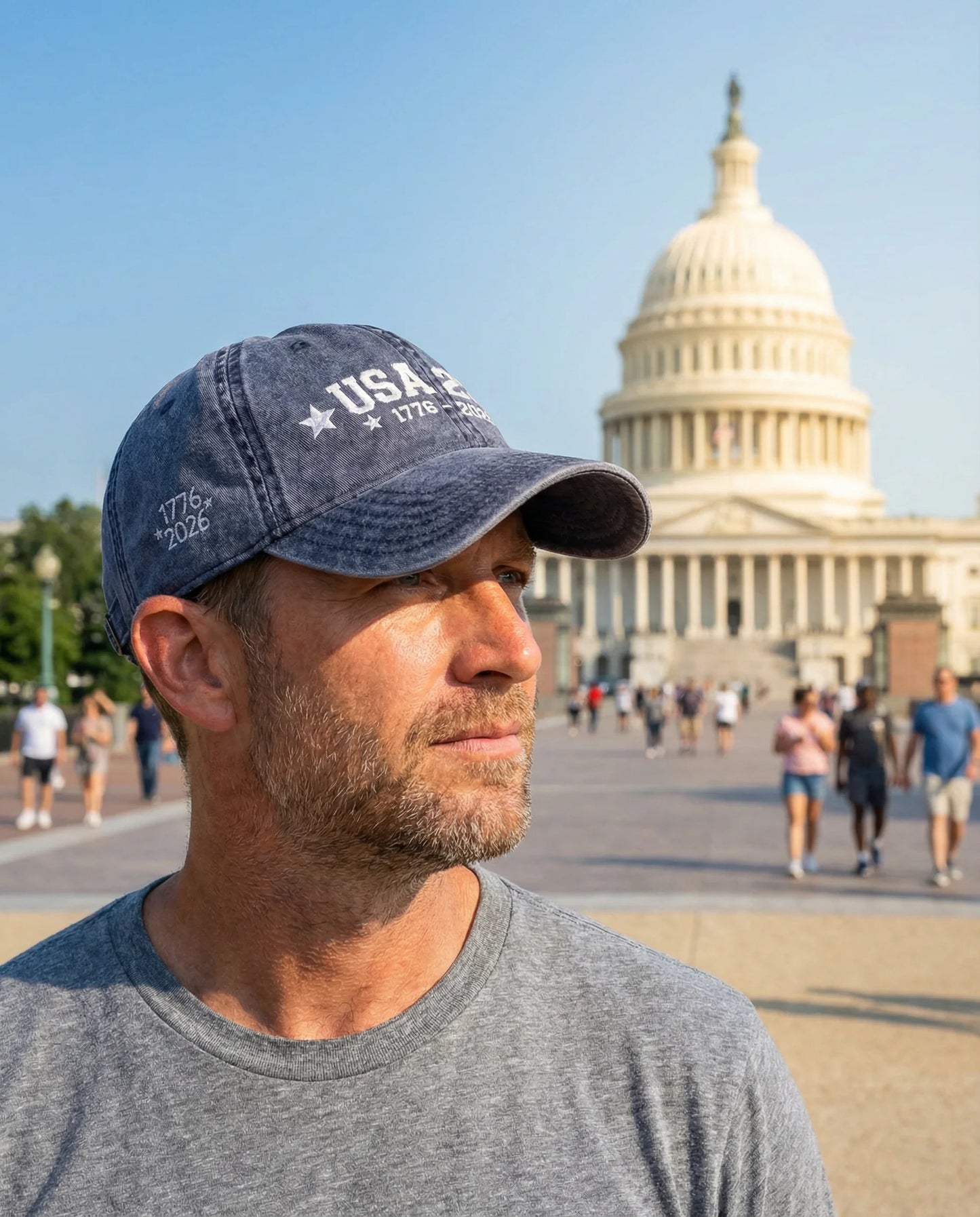 Man wearing a cap with 'USA' text in front of the U.S. Capitol building.