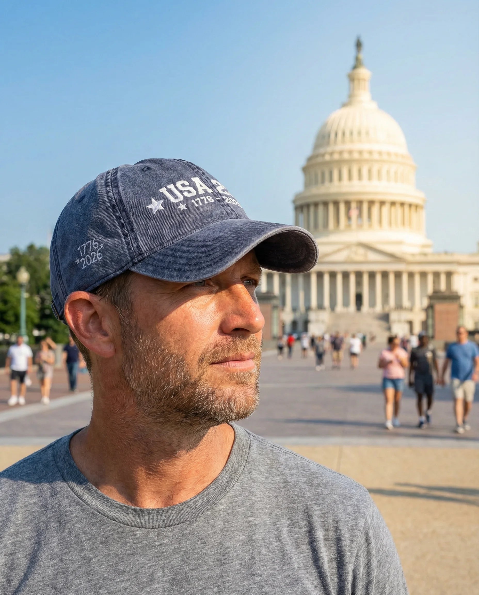 Man wearing a cap with 'USA' text in front of the U.S. Capitol building.