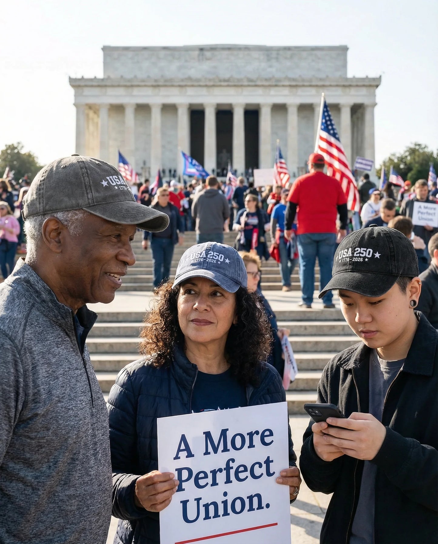 Three people in front of a large building with an American flag, one holding a sign reading 'A More Perfect Union'.