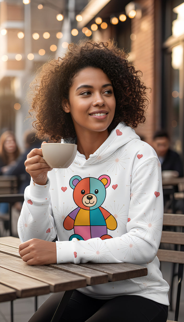 Rainbow Patchwork Bear Cozy Hoodie | Colorful Unisex All-Over Print