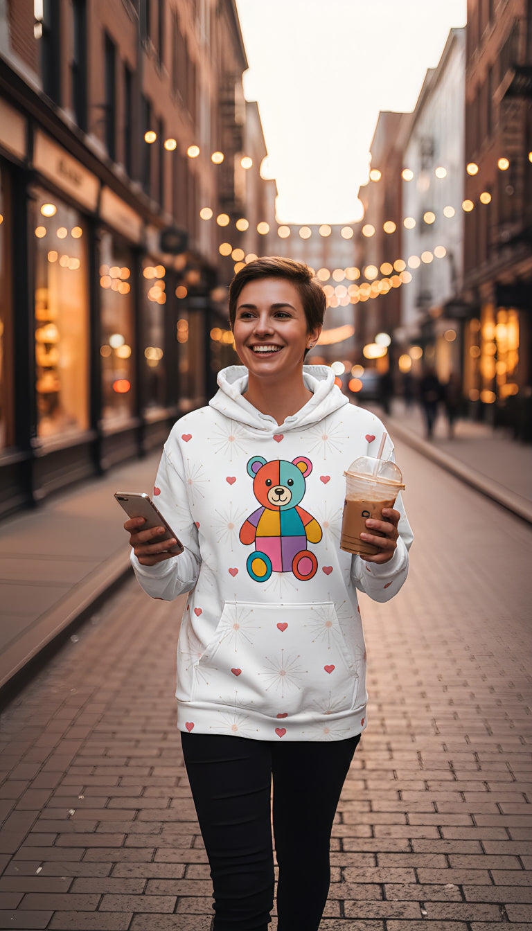 Rainbow Patchwork Bear Cozy Hoodie | Colorful Unisex All-Over Print