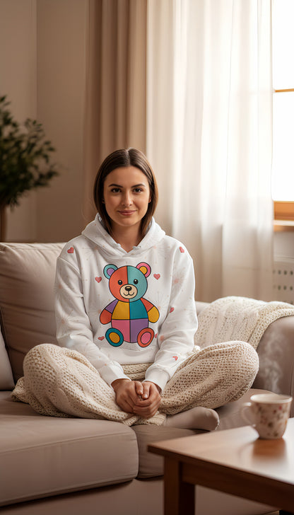 Rainbow Patchwork Bear Cozy Hoodie | Colorful Unisex All-Over Print