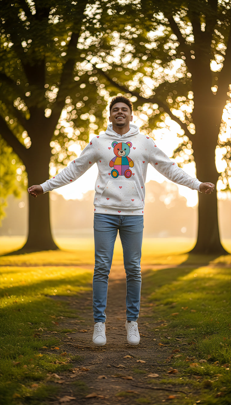 Rainbow Patchwork Bear Cozy Hoodie | Colorful Unisex All-Over Print